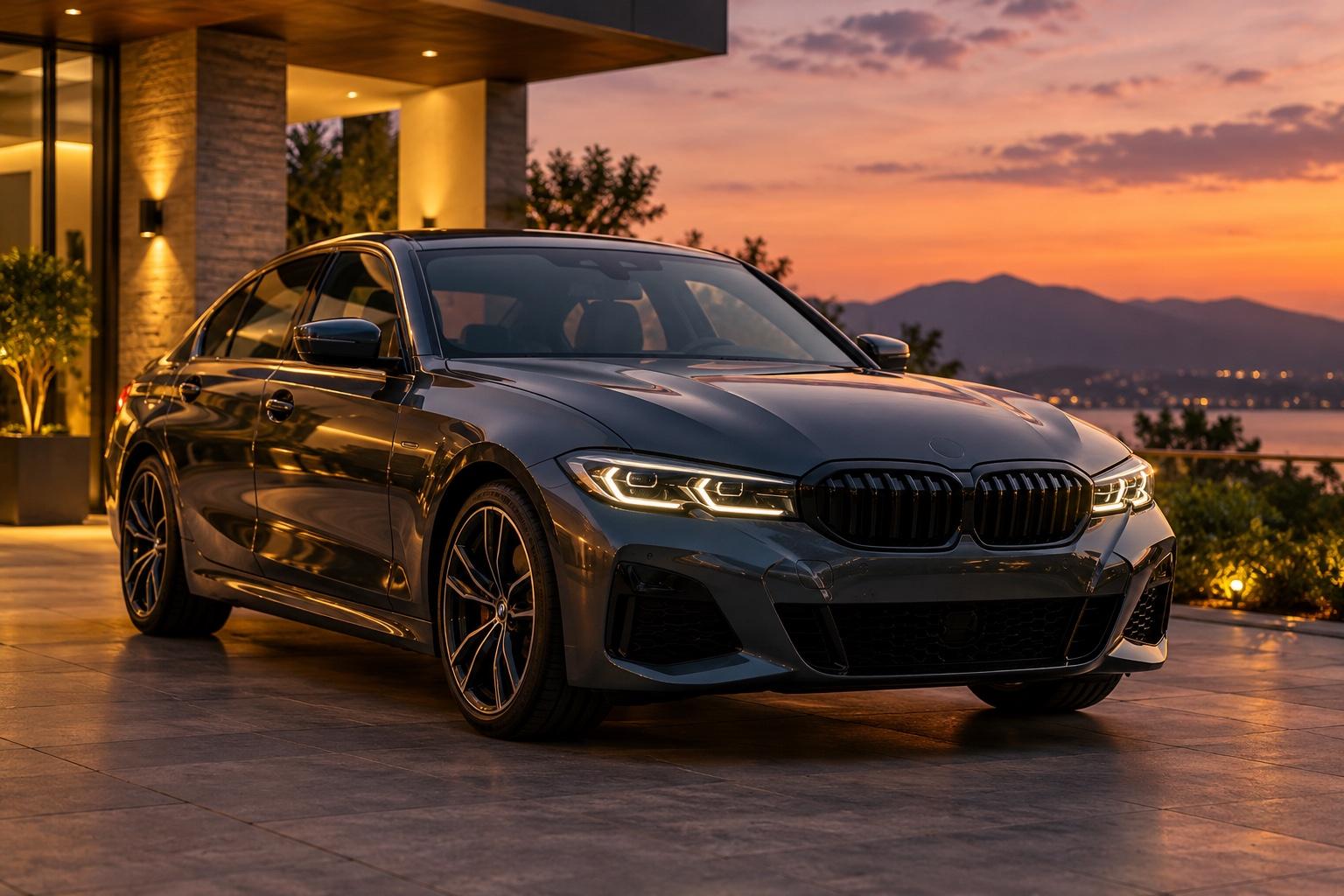 Executive sedan waiting outside a hotel entrance at dusk