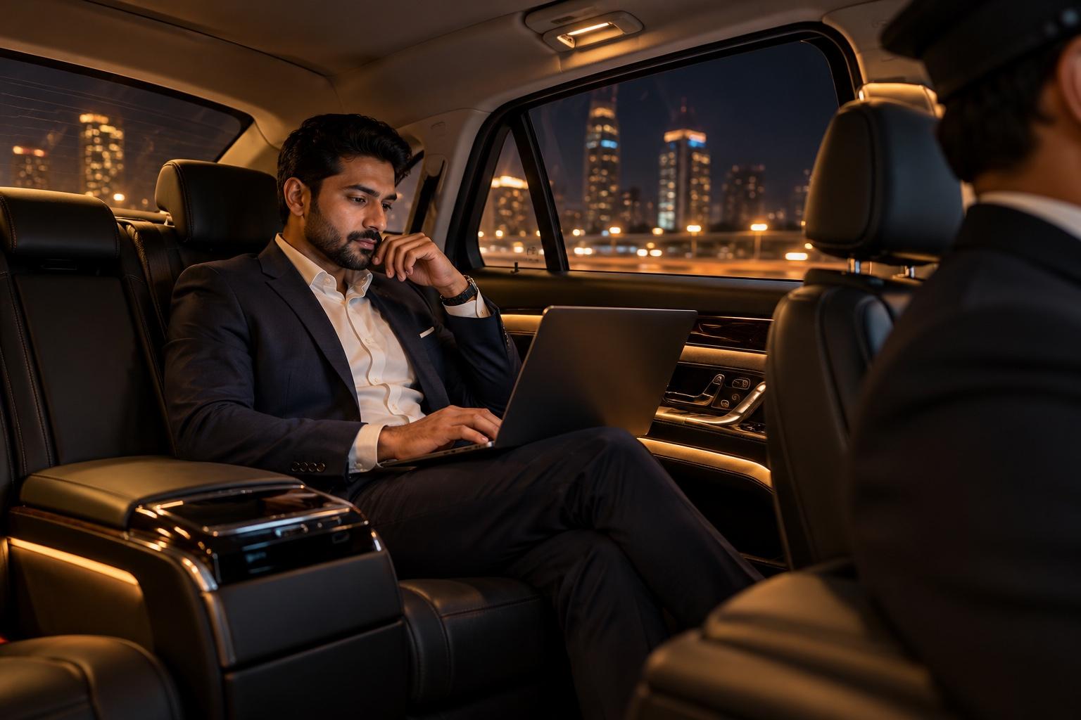 Business traveller working on a laptop in the back seat at night